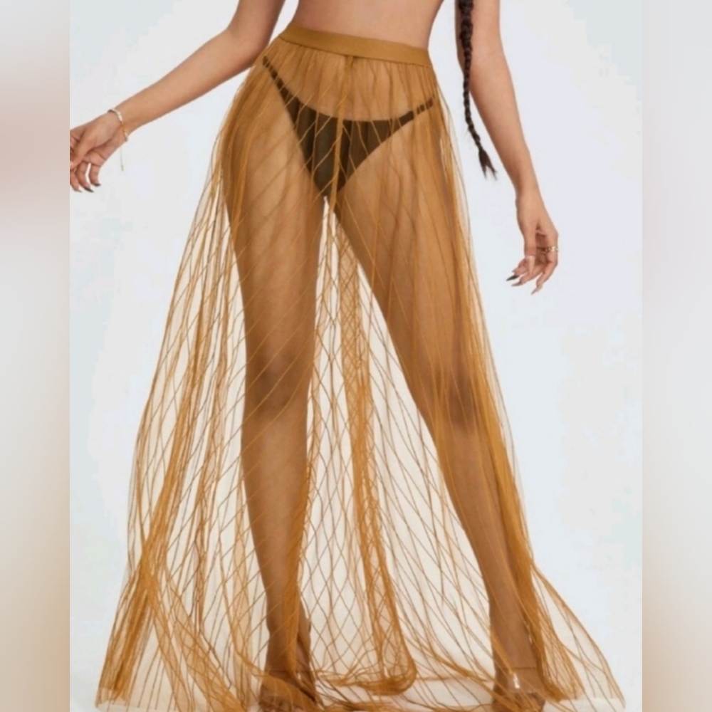 Sheer mesh striped beach coverup skirt
